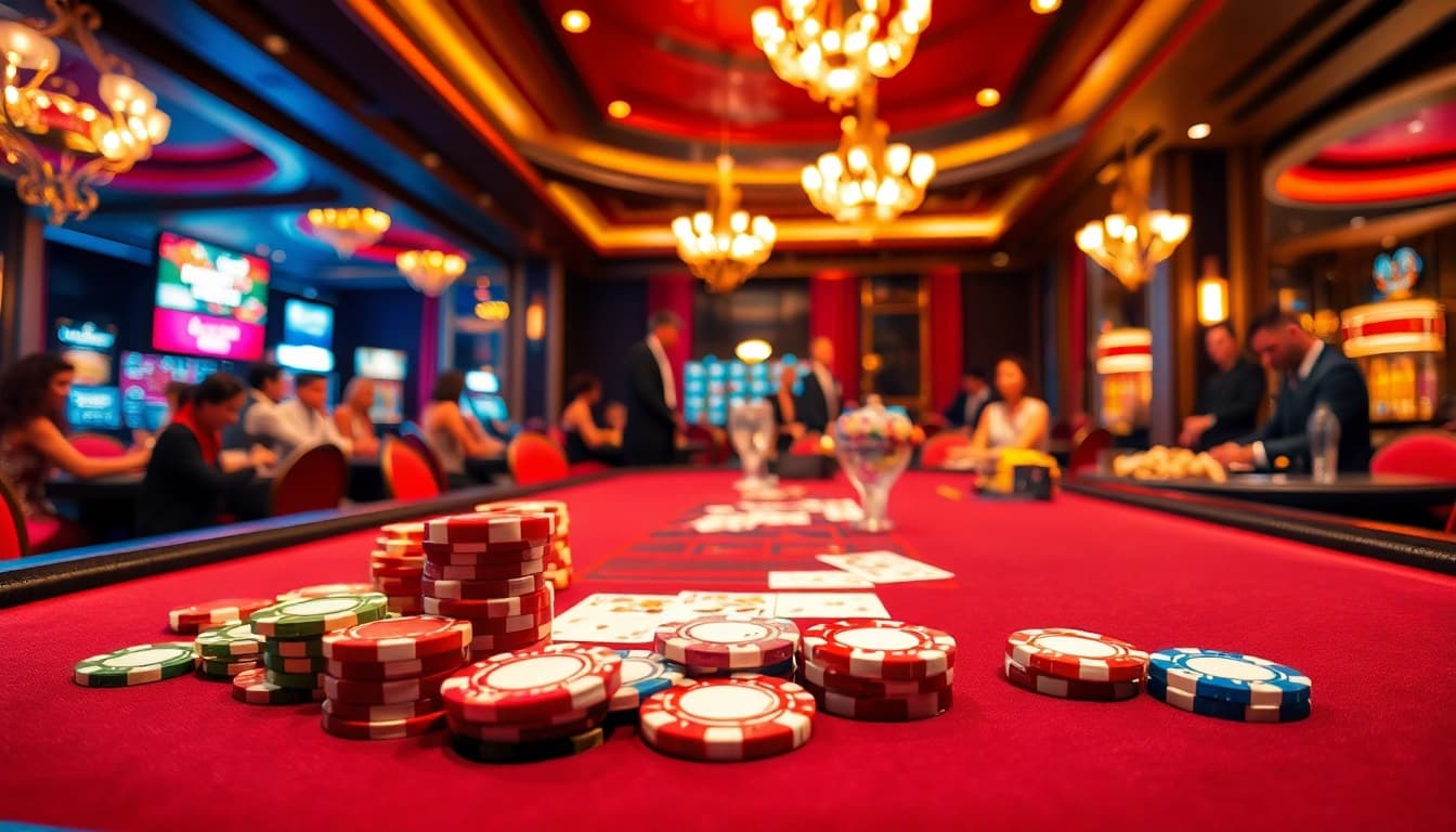 Players enjoying a thrilling game at the 18vip casino table with vibrant poker chips and cards.
