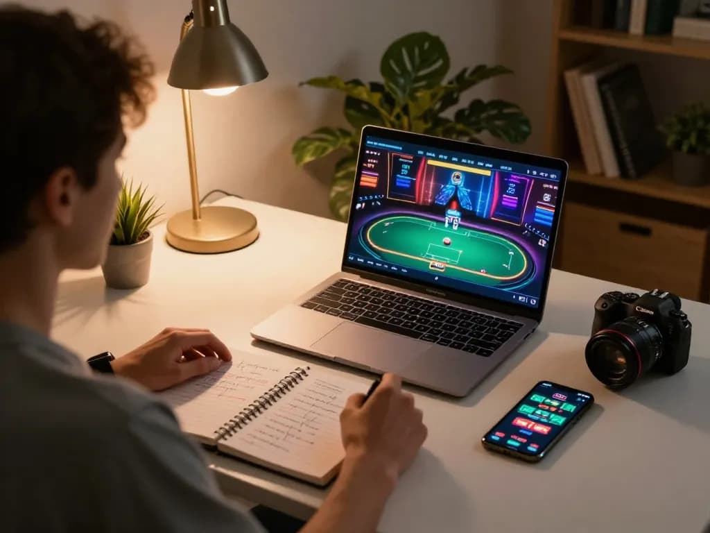 Win138 player strategizing online poker with laptop, notes, and smartphone in cozy setting.