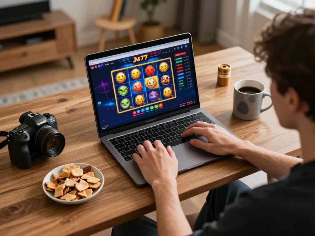 Momen permainan online yang menarik di platform jus77 dengan pemain yang fokus pada antarmuka mesin slot.