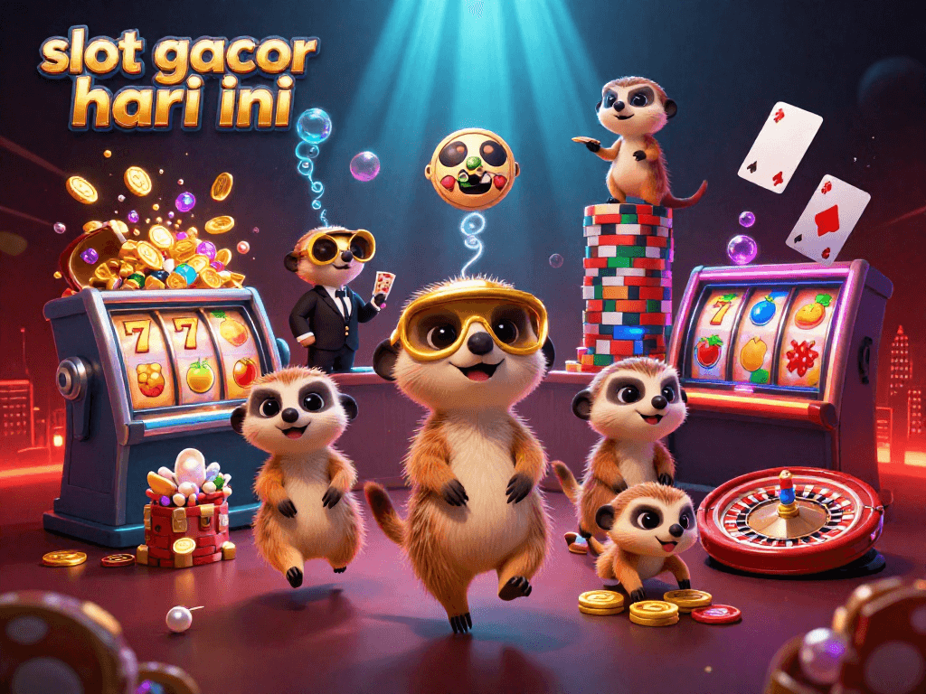 Experience the thrill of slot gacor hari ini with unique casino illustrations featuring engaging meerkat characters and bright gaming elements.