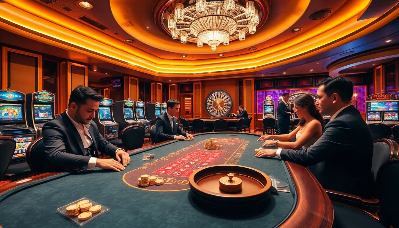 S8 casino experience with players at a poker table, enjoying high-stakes action and vibrant slot machines.