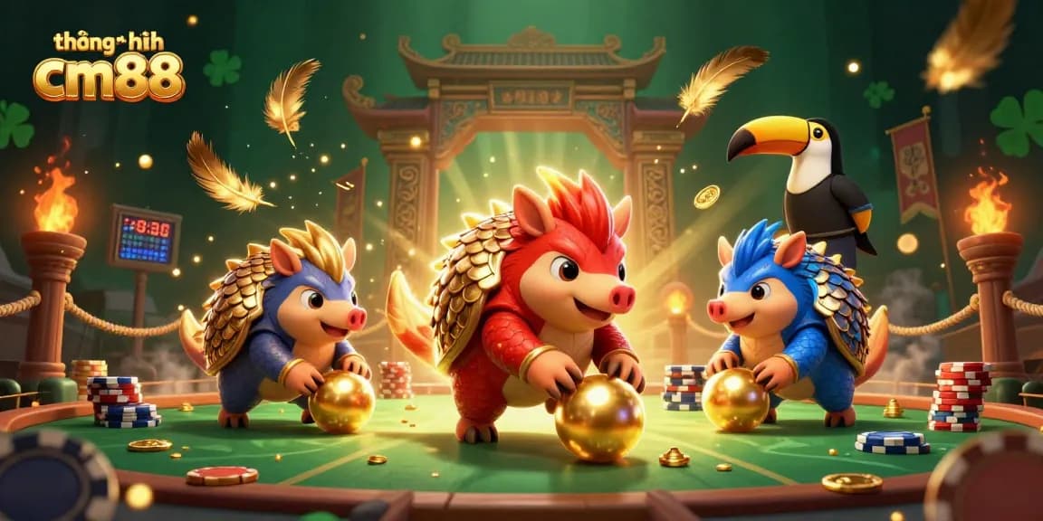 Experience thrilling gameplay with the vibrant thương hiệu cm88 pangolins competing amid golden scales and poker chips.