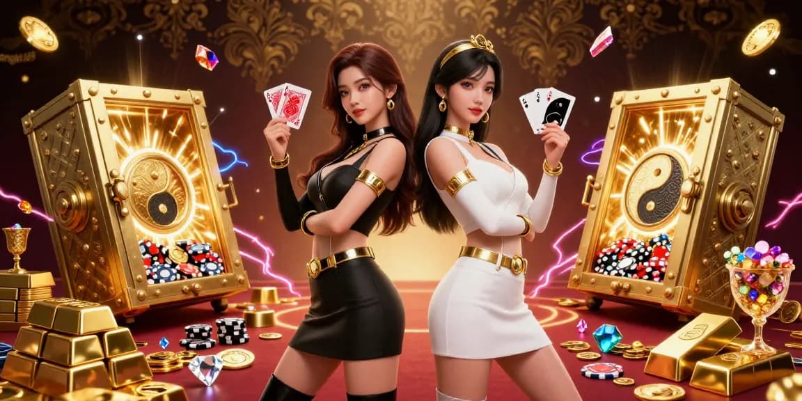 Bengkel69 showcases a dynamic casino scene with twin Asian women in stylish outfits, vibrant card gameplay, and treasure.