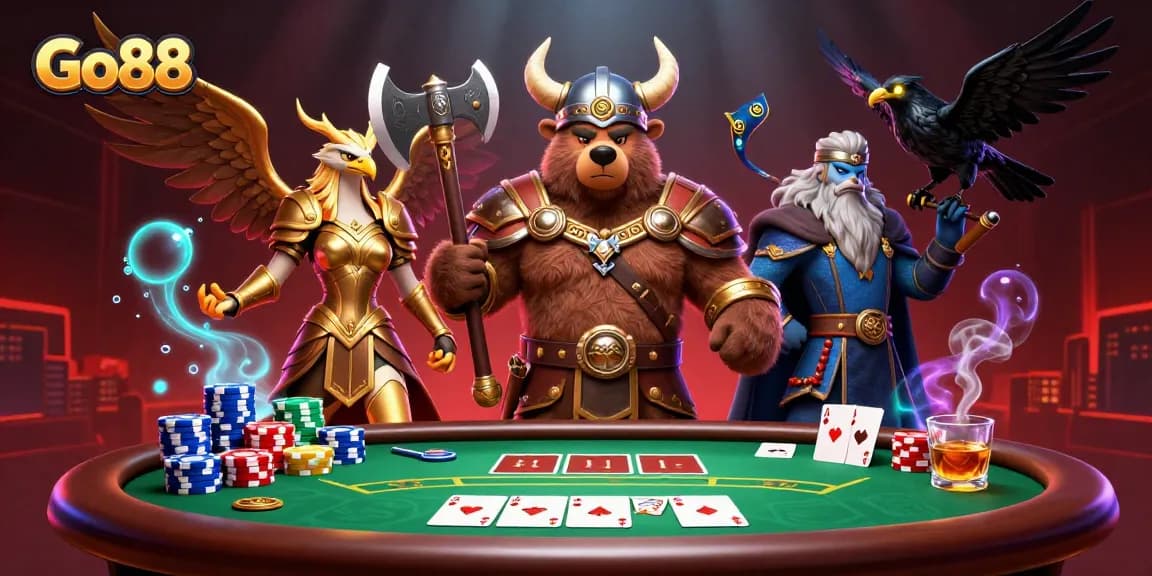Experience exquisite Go88 gameplay with Viking characters at an exciting poker table.