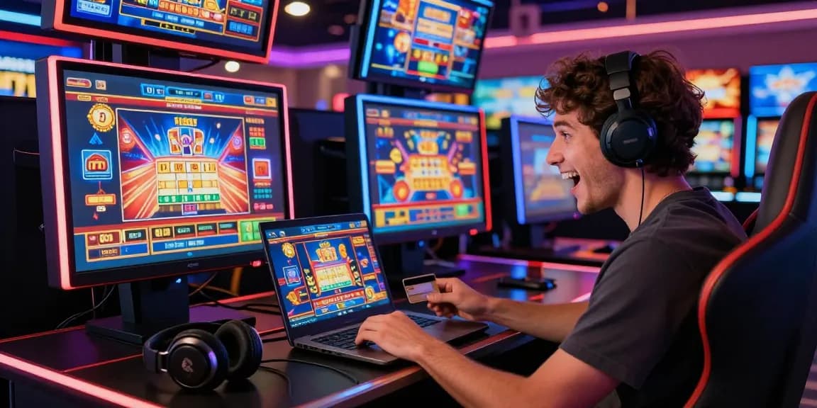 Exciting online casino scene with user gambling at scoarch.org.uk using credit cards.
