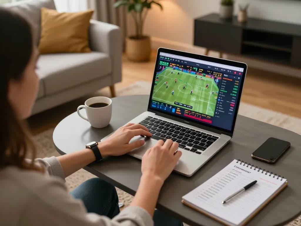 Person using 45678 for sports betting at home, laptop displaying live game analysis and betting strategies.