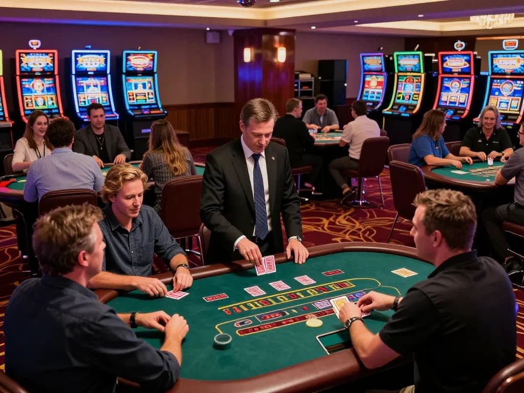 Exciting players engaging in blackjack strategy at TT88 casino, lively atmosphere with vibrant lighting.