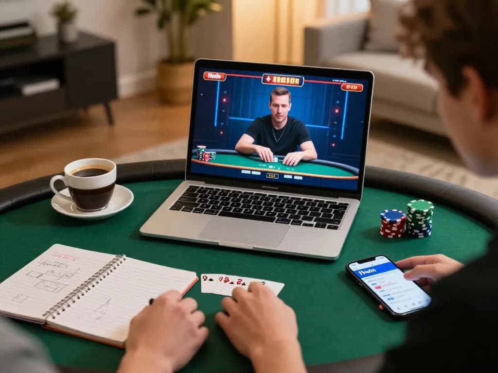 Online gambling with 11win app on laptop, person strategizing in cozy home setup