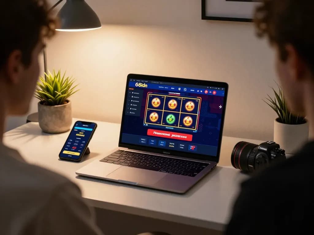 Orang yang terlibat dalam permainan kasino online di 68idn, menunjukkan antarmuka laptop dengan slot berwarna-warni