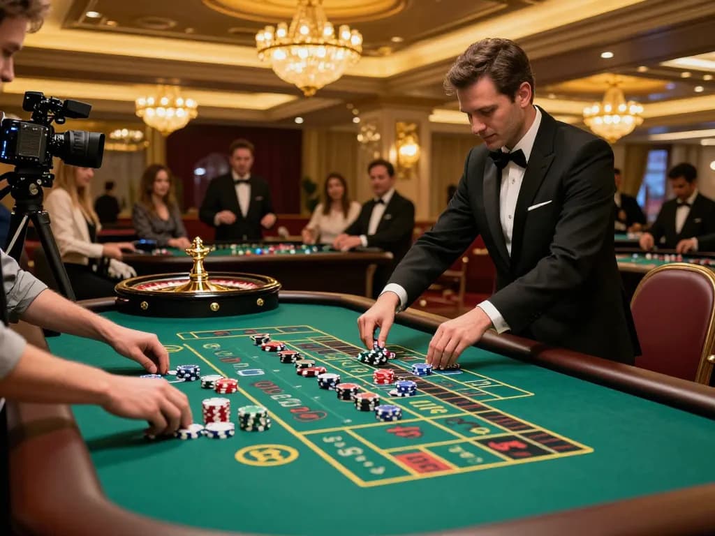 Players enjoying a thrilling roulette game at MM99 casino with vibrant chips and a croupier.