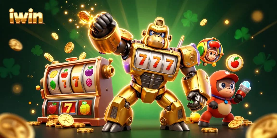 Experience iwin with a vibrant 3D illustration showcasing a golden gorilla mech and slot machine elements.
