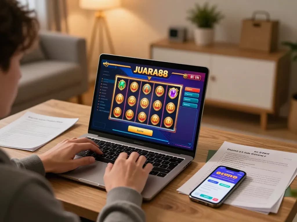 Engaged player using JUARA88 online casino platform on laptop with vibrant slot display.