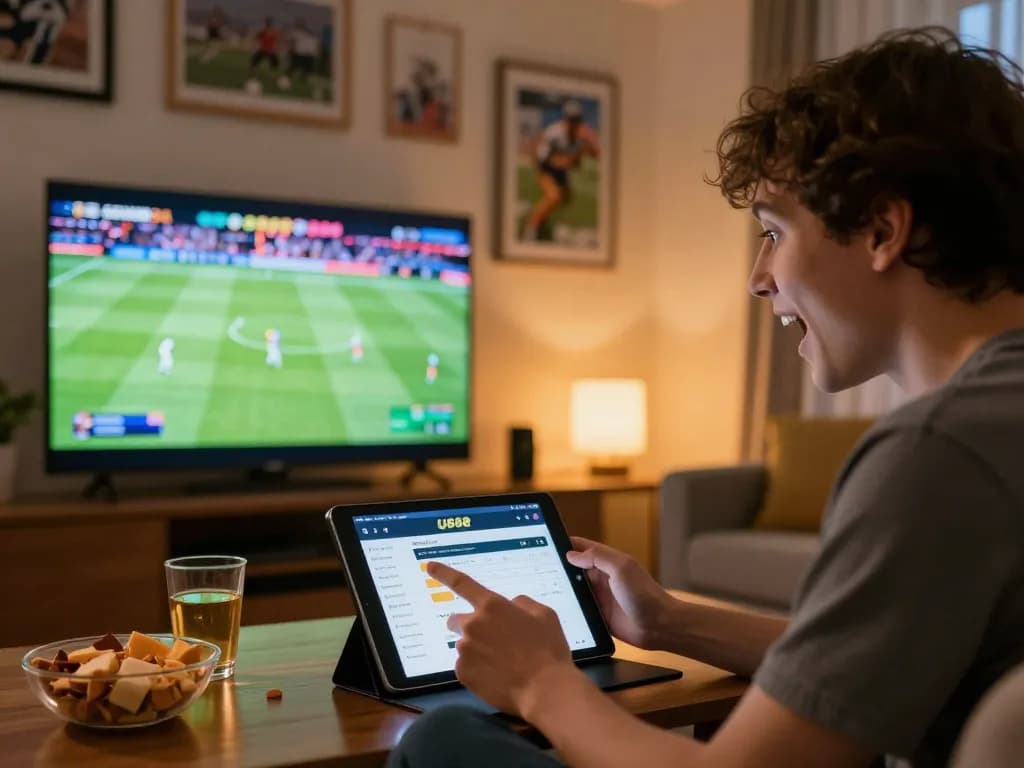 Person placing bets on U888 sports app while watching a live match at home, capturing excitement and focus.
