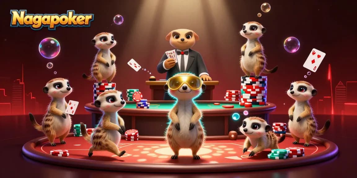 Nagapoker meerkat poker scene with card dealers, pit boss, and chip stacks