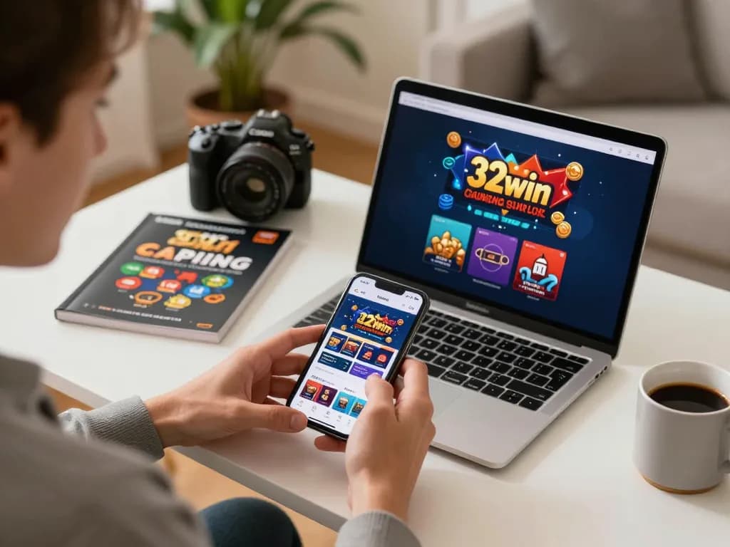 Player engaged with the 32win casino app, showcasing mobile gaming strategies in a cozy setting.