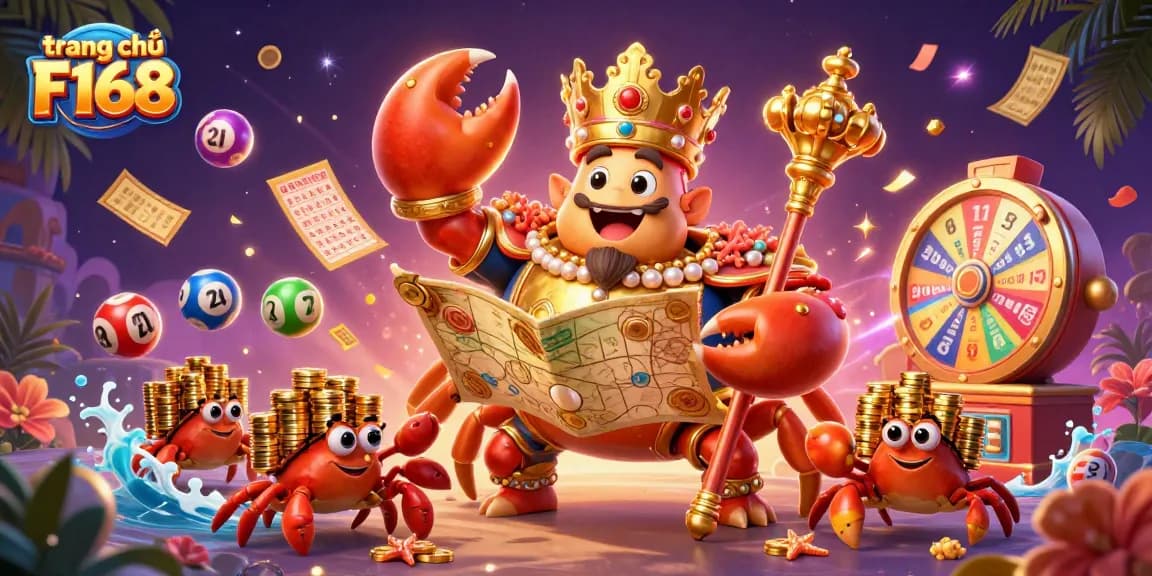 Engage with the vibrant world of trang chủ F168 featuring the golden crab emperor amidst dynamic gaming elements.