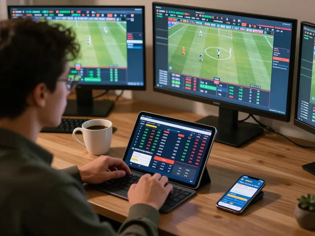 FABET sports betting in action with multiple screens displaying live odds and statistics.
