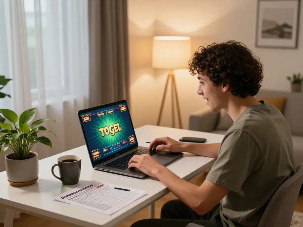 Togel player excitedly engaging in online gaming while managing bankroll in a cozy home setup.