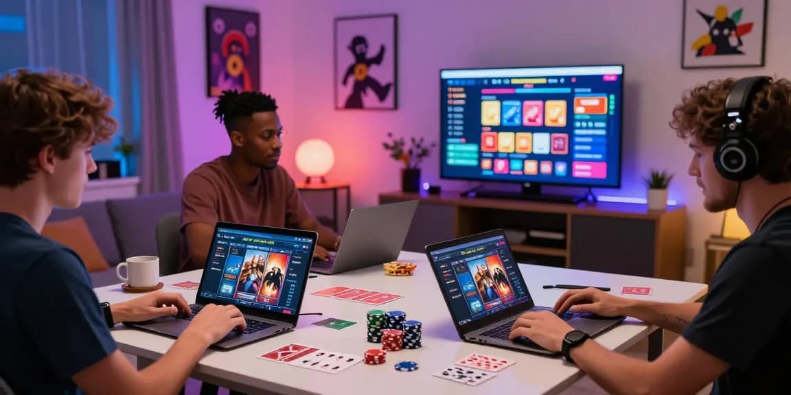Players enjoying a lively credit card casino gaming experience at home, surrounded by snacks and vibrant decor.