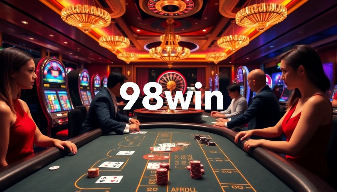 Exciting Blackjack and Poker games at 98win casino, featuring luxurious tables and vibrant slot machines.