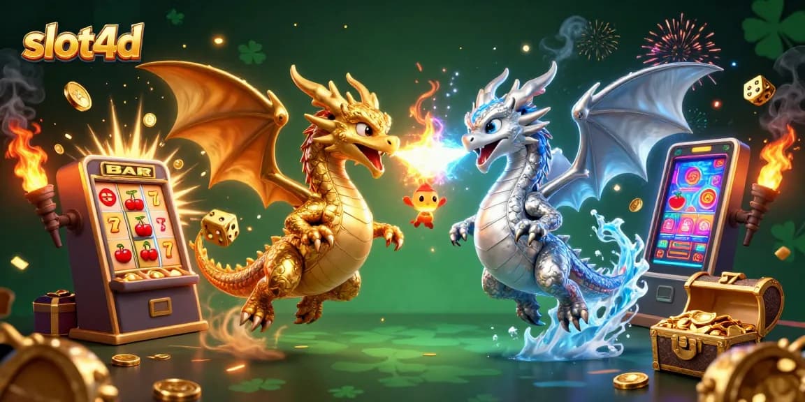 Experience thrilling action with slot4d as twin dragons battle fire and ice amidst a colorful casino backdrop.