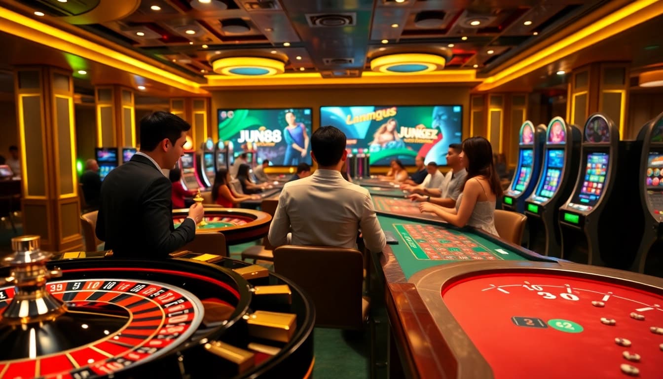 Jun88 players engaging with vibrant casino games in an exciting environment