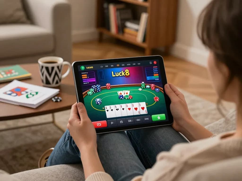 Engaging with the luck8 casino app on a tablet in a cozy home gaming setup, showcasing strategic poker gameplay.