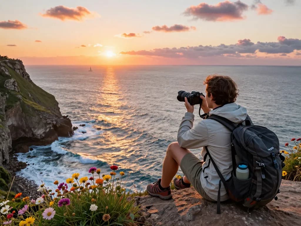 Traveler at scenic cliff capturing the sunset view with Fly88 spirit of adventure and exploration.