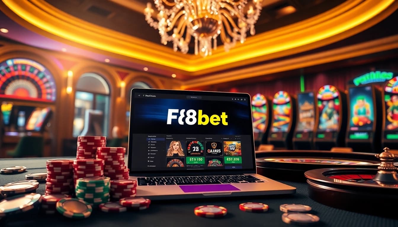 Experience the excitement of F8bet with poker chips and roulette wheels in a luxurious casino setting.