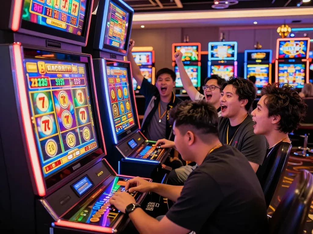 Group celebrating a win at a slot gacor 777 machine in a vibrant casino setting.