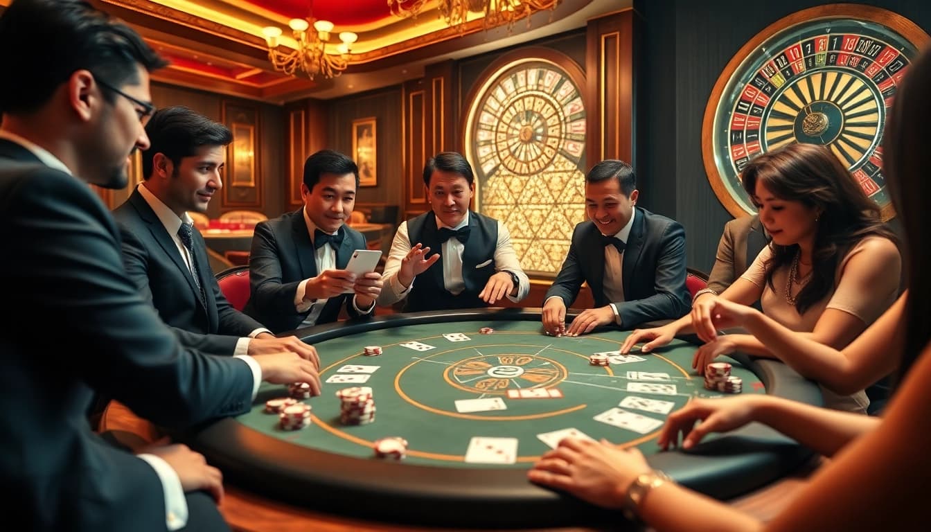 K88 players enjoying an exciting game at a luxurious casino poker table.