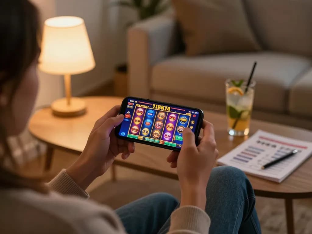 Playing the 918Kaya PNG casino app on a smartphone during a cozy home gaming session.