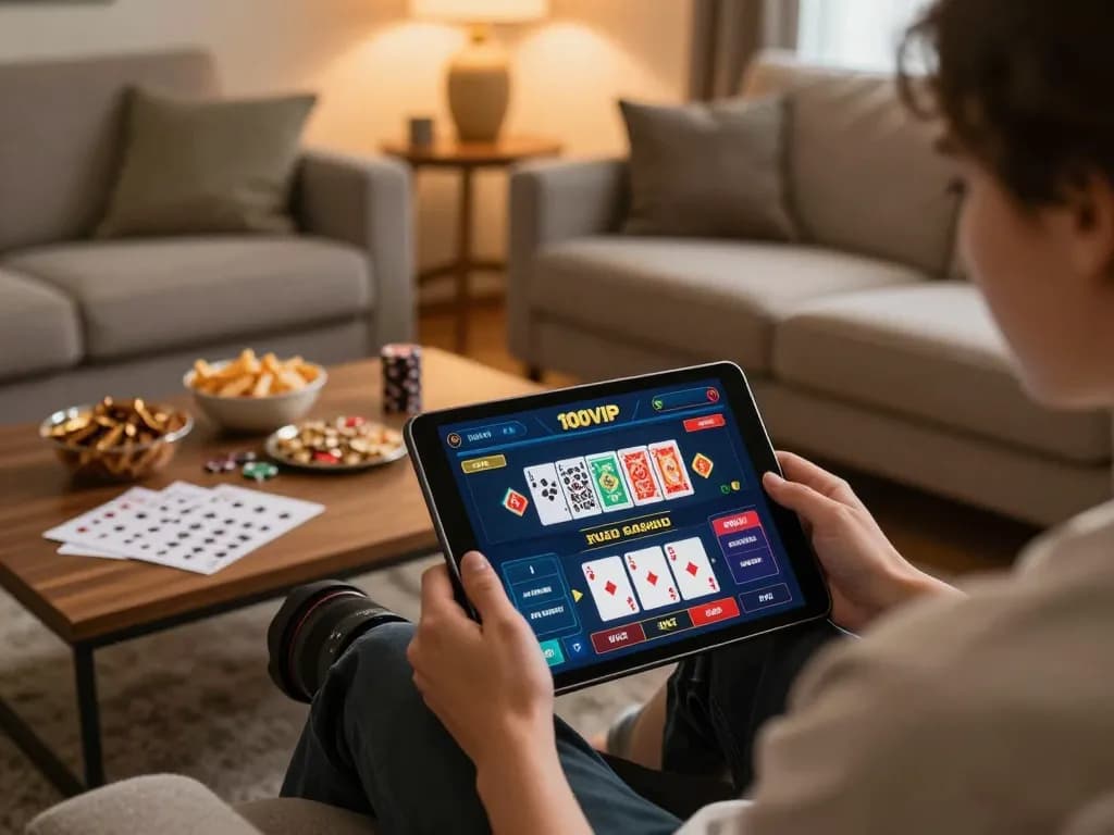 Player engaging with the 100VIP casino app while enjoying a cozy home gaming atmosphere.