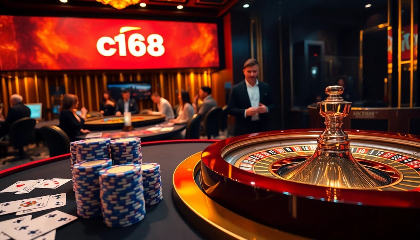 Experience the excitement of nhà cái c168 with a vibrant casino table showcasing poker chips and roulette.