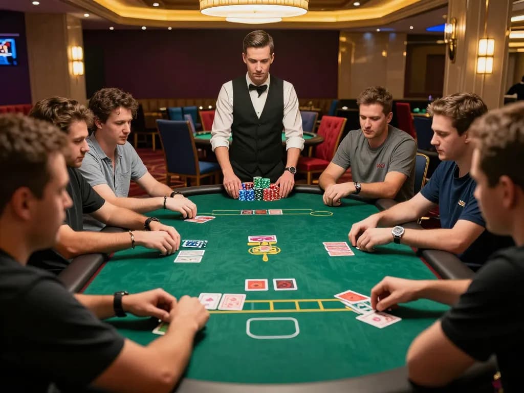 Players strategizing and wagering at a vibrant poker table, experiencing thrilling moments at crosstonerestaurant.