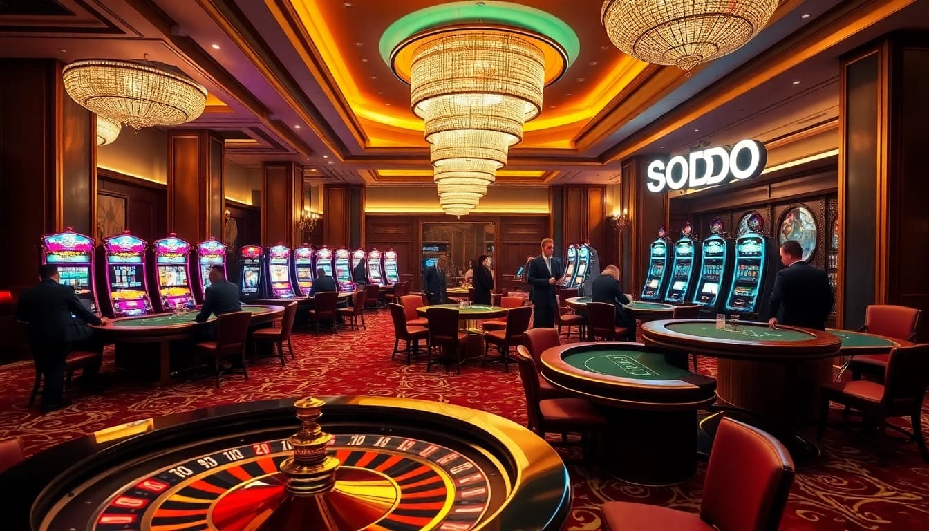 SODO-themed casino scene showcasing high-stakes poker tables and vibrant slot machines for players.