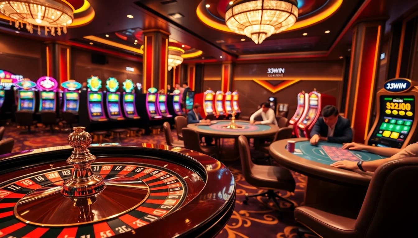 Experience the thrill of 33WIN's vibrant casino atmosphere with poker chips and roulette wheels.