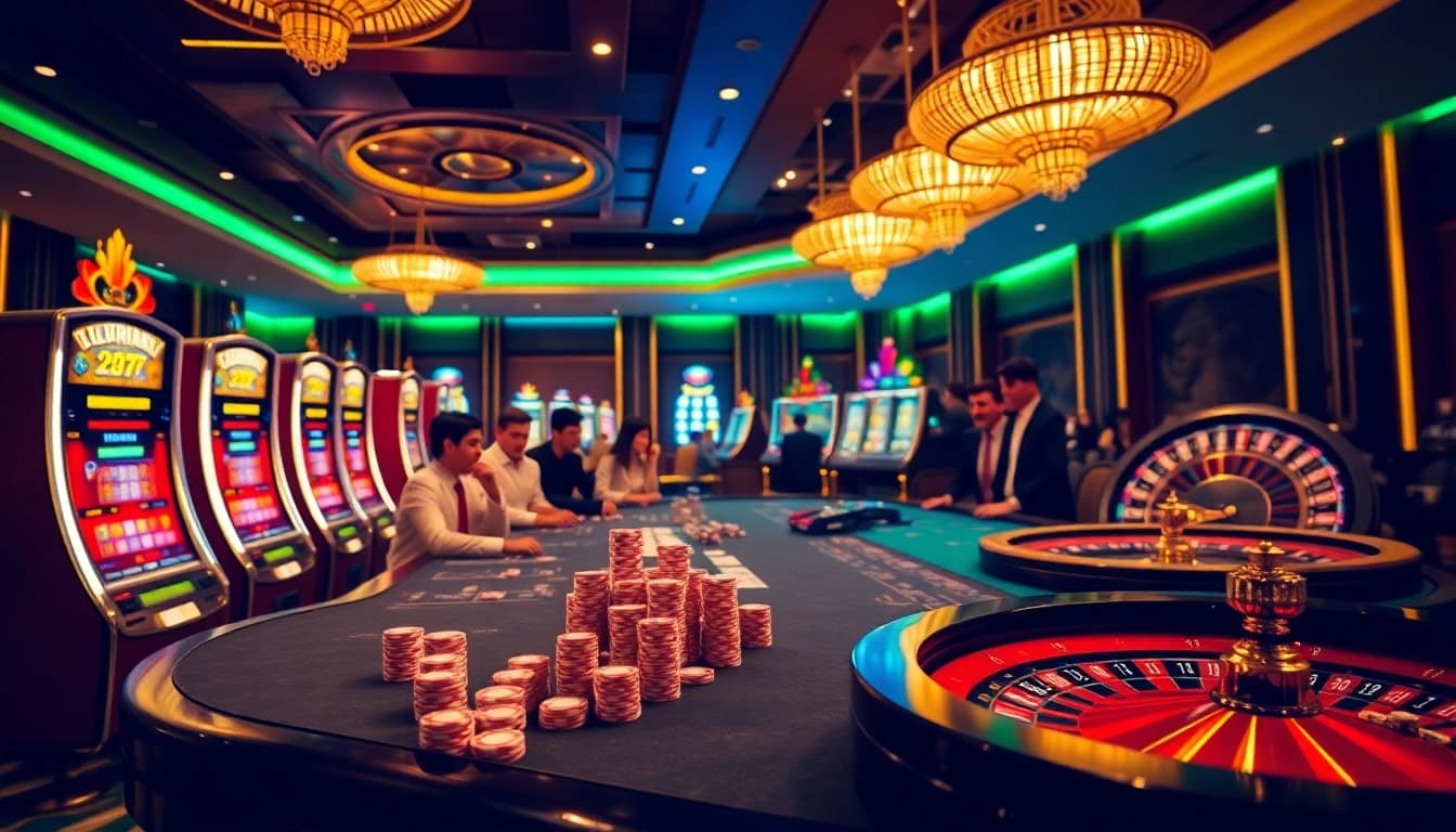 Players enjoying an exciting game at mi88, showcasing poker chips and slot machines.