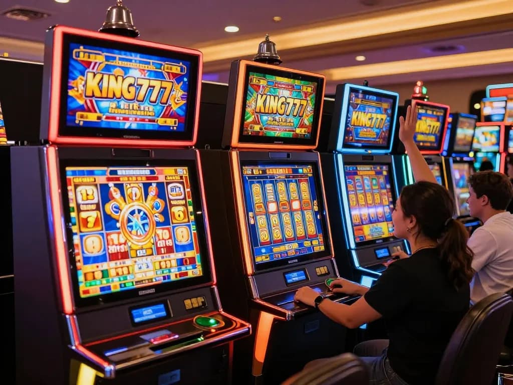 Pemain merayakan kemenangan di mesin slot king777 yang berwarna-warni dalam suasana kasino yang semarak
