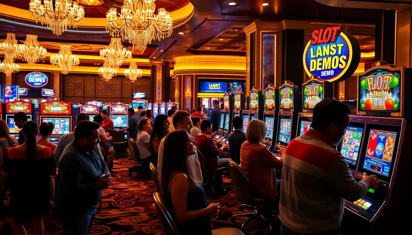Players engaging with an exciting slot demo in a vibrant casino atmosphere.