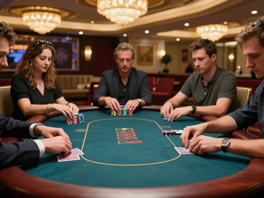 Engaged players at a VIP poker table strategizing bets in a luxurious casino, highlighting macan33 experience.