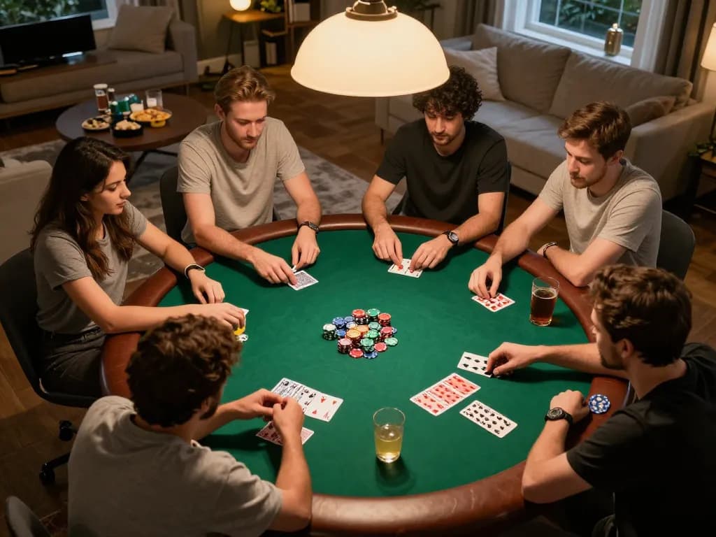 Players enjoying a friendly poker game at home, showcasing the fun atmosphere while engaging with may88.com gaming strategies