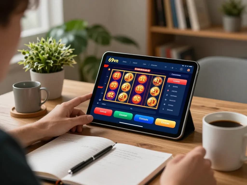 Player engaging with the 69vn casino app on a tablet, showcasing a vibrant online gaming experience in a cozy setting.