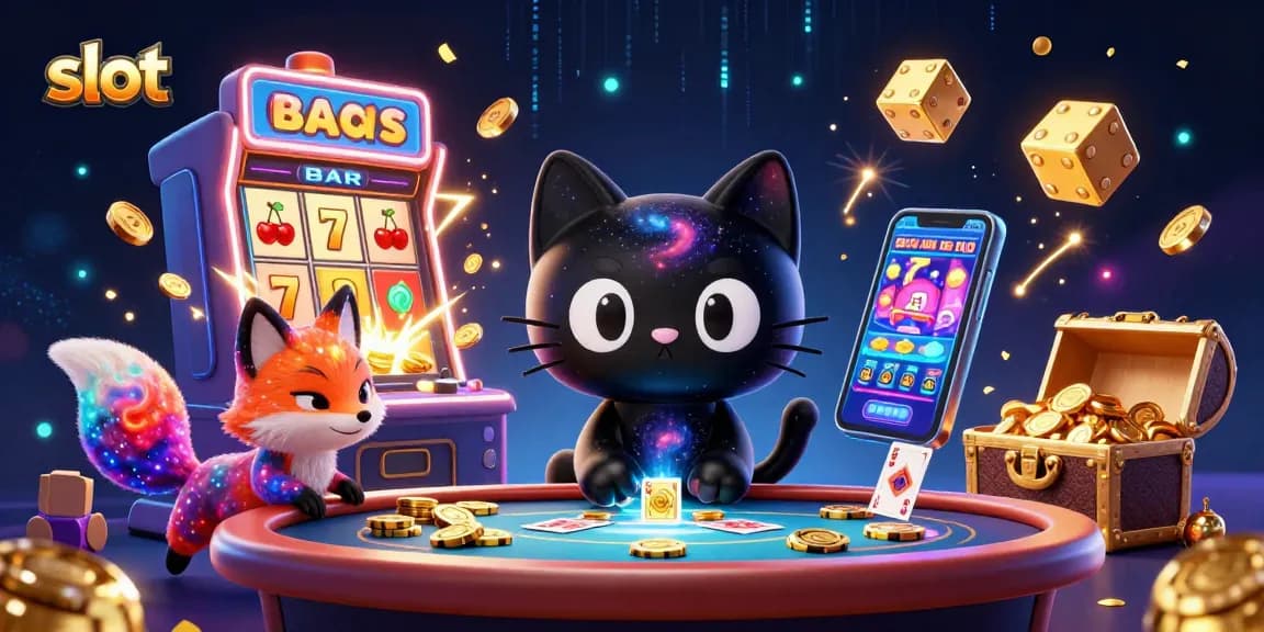 Experience thrilling slot action with vibrant characters and dazzling casino elements in this 3D illustration.