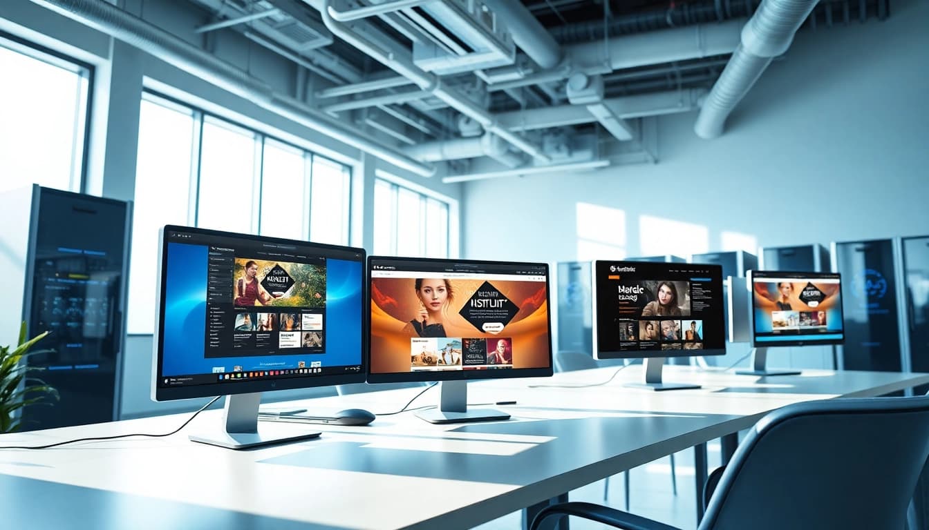 Presenting adult website hosting services in a modern office with vibrant website designs.