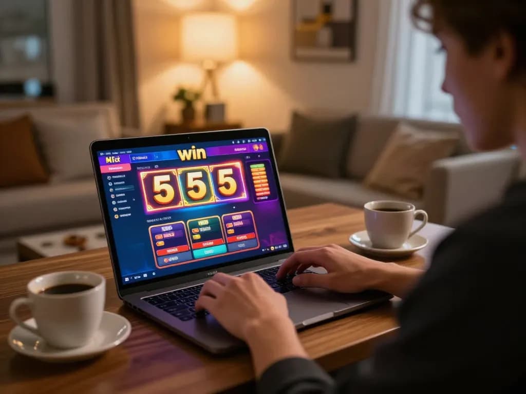 Engaged player using laptop for 555win online casino gaming experience at home