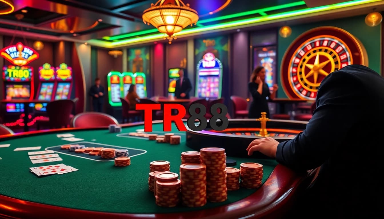 Experience the excitement of TR88 with vibrant casino elements like poker tables and slot machines.