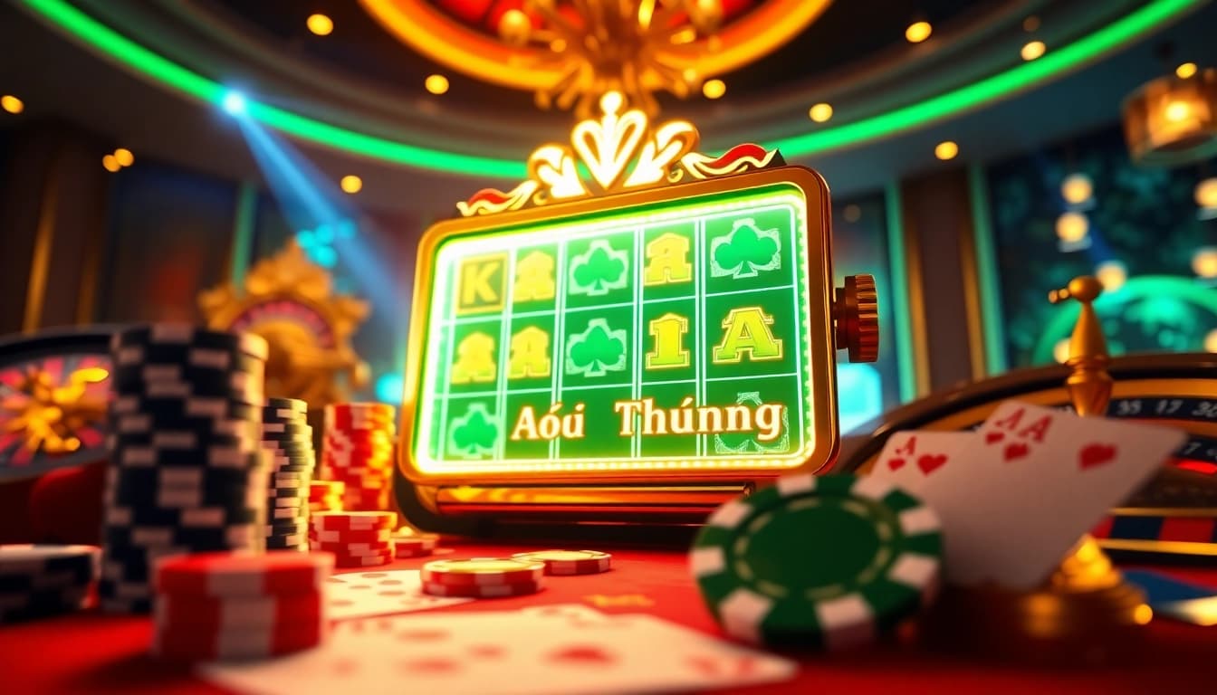 Nổ Hũ Đổi Thưởng slot machine spinning among colorful casino elements.