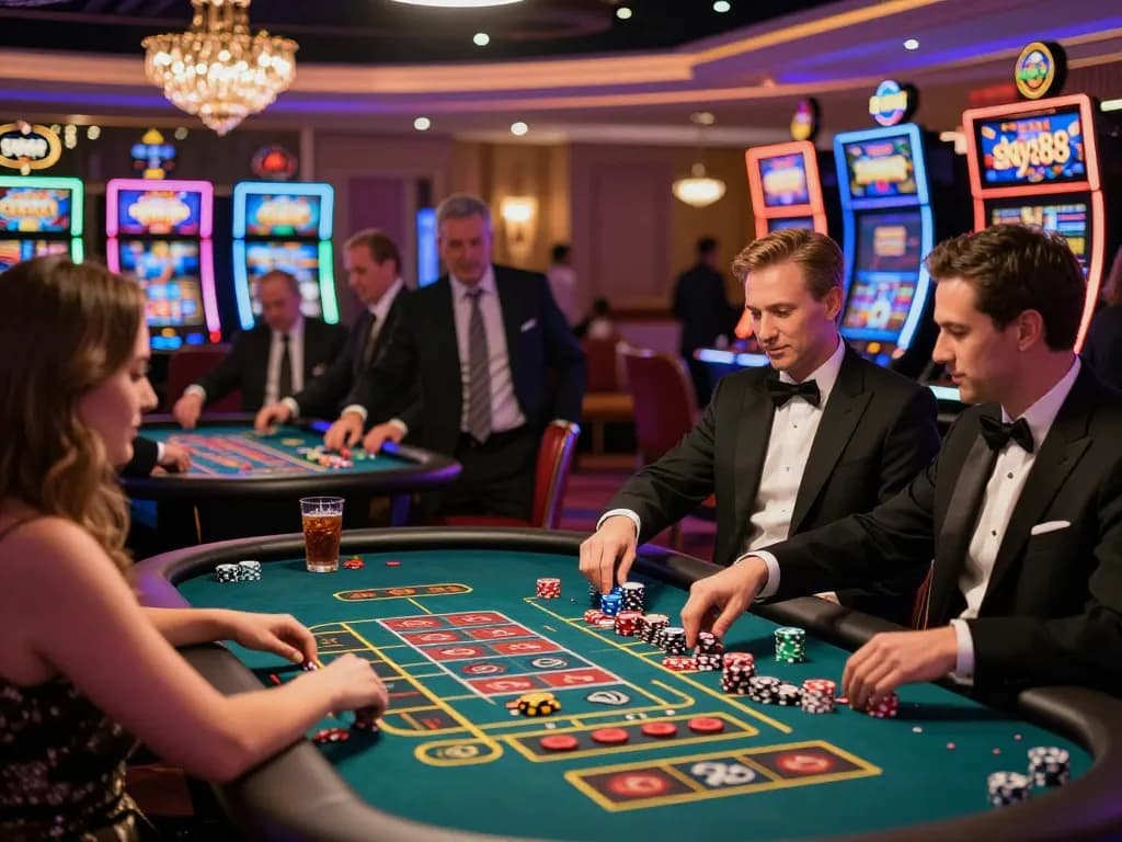 Experience high-stakes play at sky88 casino with players celebrating vibrant wins