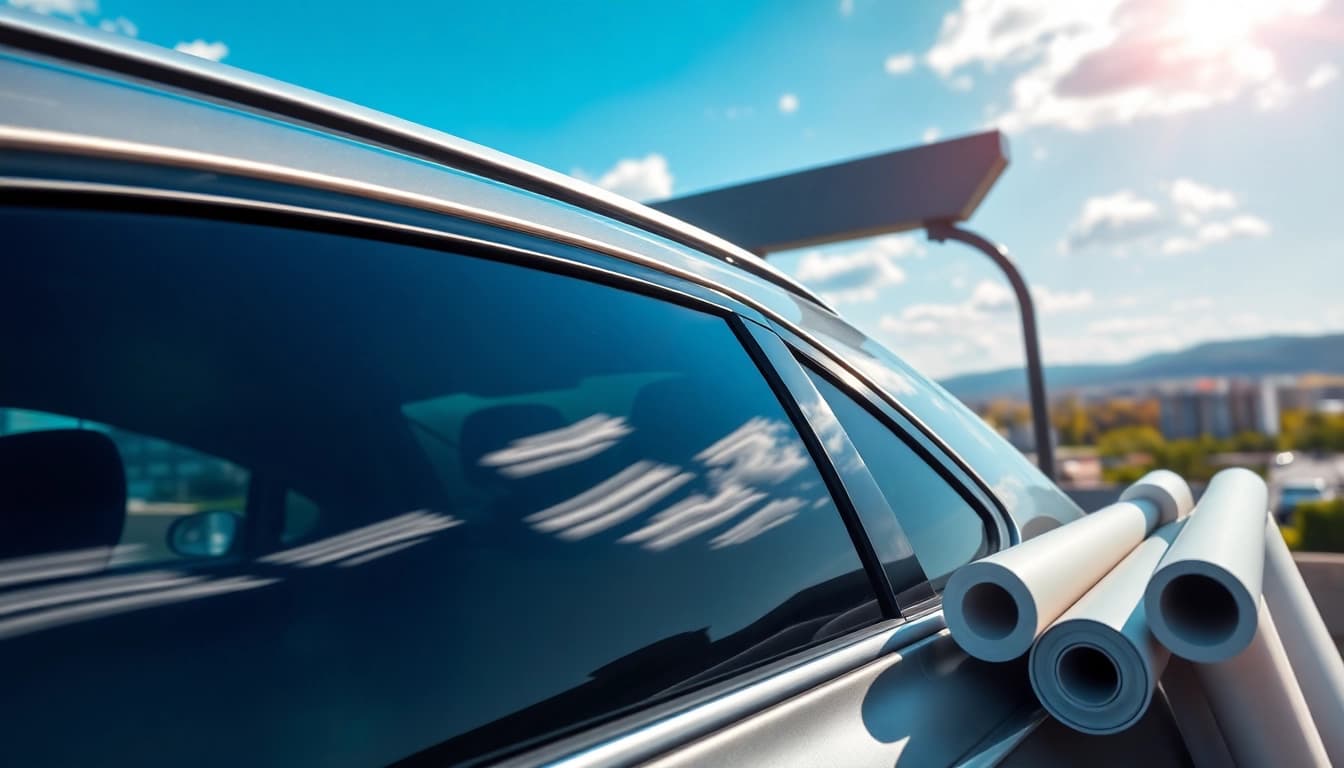 Tinting vehicle windows with best window tint Chattanooga TN in a vibrant city setting, showcasing the process.